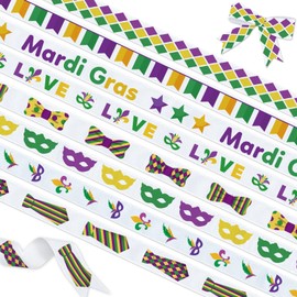 Mardi Gras Ribbon Set, 8 Pcs 3/8 Inch x 3 Yards Each, Masks Fleur De Lis Love Pattern Grosgrain Ribbons for Masquerade Party Decoration, Purple Green Gold Festival Theme, Craft Supplies Gift Wrapping