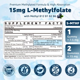 L-MethylFolate 15mg & Methyl B12 Gummies, Methylated B1, B2, B6 Multivitamins - Active 5-MTHF & High Absorption - Supports MTHFR Gene, Cognition, Homocysteine Levels, Folate Metabolism, Vegan, 120 Cts