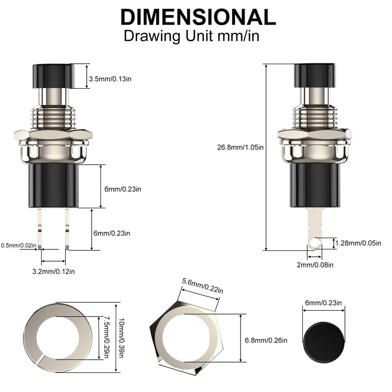 DIYhz Momentary Push Button Switch, 1A 250V AC SPST Mini