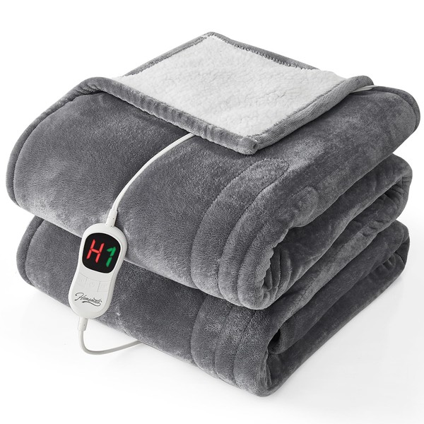 HomeMate Electric Heated Blanket Twin - 62"x84" Heating Bed Blankets Throw with 10 Heating Levels 8 Hours Auto Off Fast Heating Over-Heated Protection Ultra Soft Warm Flannel ETL Certified Grey
