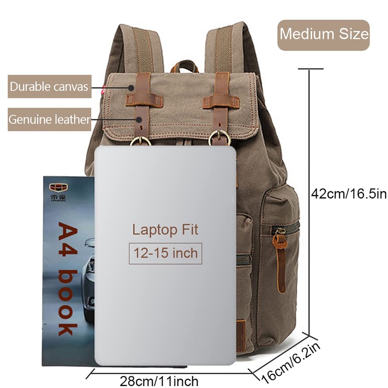 High Capacity Canvas Vintage Backpack - for Hiking Travel 12-15"