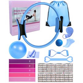 KABCON Pilates Equipment Essentials Set for Women at Home with Complete User Guide,13” Pilates Ring,9.8” Exercise Ball,Resistance Bands,Yoga Socks,Yoga Strap,13/14/16-Pcs Starter Workout Set