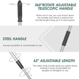 ORIENTOOLS Garden Leaf Rake 2 in 1 Turf Rake for Artificial Grass and Lawn with Telescopic Steel Handle, 49" to 63" Long