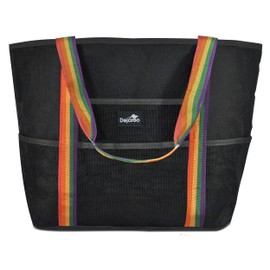 Dejaroo: Mesh Sand Free Bag - Strong Lightweight Tote For Beach & Vacation Essentials. Tons of Storage with 8 Pockets, Foldable, 17x9x15 inches, Black with Rainbow Handles