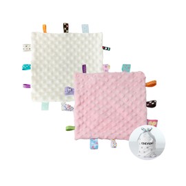 CREVENT Tag Security Blankets for Babies, Soft Small Loveys for Girls, Baby Comforter Sensory Blanket, Great Gifts for Birthday Baby Shower 10"X10" (Ivory + Pink)