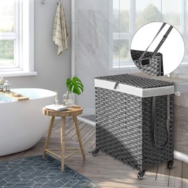 Greenstell Laundry Hamper with Wheels, No Install Needed, 90L Divided Handwoven Hampers & 2 Removable Liner Bags, Rattan Clothes Laundry Basket with Lid & Handles, Foldable Hampers Gray 18x13x26.4 In