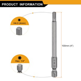 HARFINGTON 5pcs H4.0 Hex Head Drill Bit Wrench 4mm Metric Flat Tip 1/4" Hex Shank 100mm (4") Long Magnetic Hexagonal Screw Driver Socket Industrial Screwdriver Power Bits