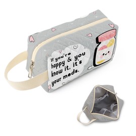 SuoSycorax Cartoon Meds Printed Quilted Makeup Pouch for Women - Velvety Polyester Cosmetic Organizer w/Triple Compartments, Travel & Makeup Brush Holder