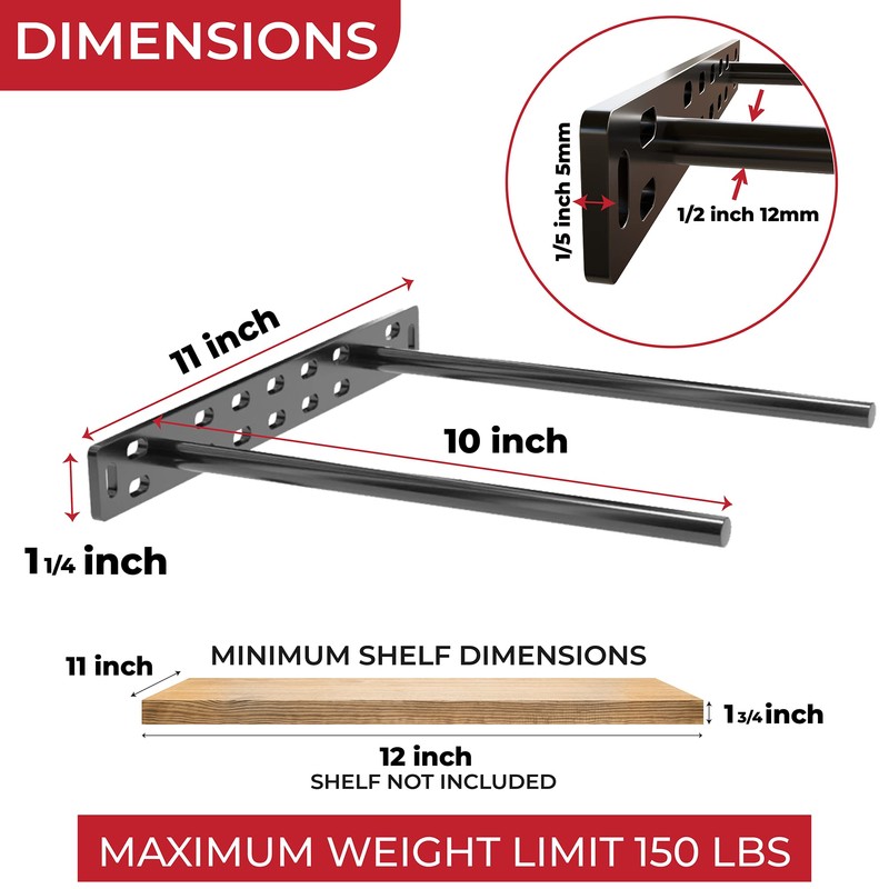 Set of 2 Floating Shelf Brackets 11 inch Multiple Mounting
