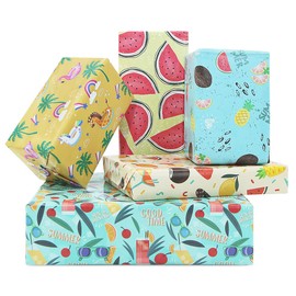 Summer Beach Tropical Fun Fresh Tropical Gift Wrap Paper Folded Flat Sheet (5 Designs,5 Sheets, 27 inch X 20 inch Per Sheet,19 sq ft.ttl) Include Juicy Watermelon Coconut Tree Ice-cream for Kids Boys Girls Aloha Pool Party Birthday, Holiday, Baby Shower