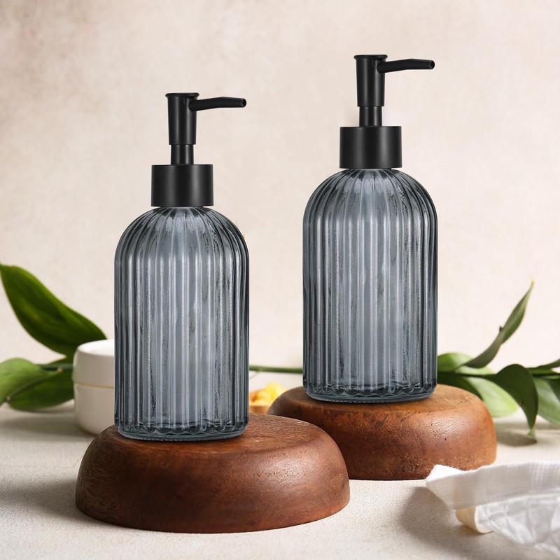 Hejo 2 Stück Seifenspender Glas Schwarz,400ml Soap Dispenser,Wiederverwendbare Spüli Spender,Handseifenspender,Flüssigseifenspender,Pumpspender