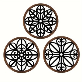 Ltstor 3 Pieces Landscape Style Wall Decoration, Thickened Wood Design Window Flowers Decoration, Farm Round Living Room Bedroom Hallway Kitchen Wall Art Decoration (Black, Brown)