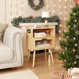 Mid Century Modern Nightstand with Charging Station, Bedside Tables with Glass Drawer, End Table Side Table with 2 Tiers Storage Space, for Bedroom, Living Room, Natural