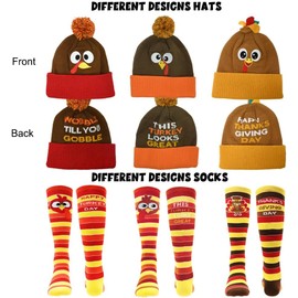LUKBERA 6 Pcs Thanksgiving Turkey Trot Costume Set - 3 Pcs Turkey Hat & Running Socks, Autumn Fall Beanie Hats & Mid-Calf Socks for Women & Men