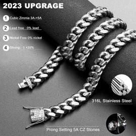 WinTrend Cuban Link Chain Necklace or Bracelet with Bling Bling Cubic Zirconia Iced-Out Clasp for Men 12mm Silver Stainless Steel Hip Hop Miami Curb Chains 7.5-30 inch(12MM, 16")