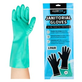 Restaurantware-Clean Tek Professional 15 Mil Medium Cleaning Gloves, 1 Pair Of Long Cuff Gloves - Flock Lining, No-Powder, Green Nitrile Chemical Tolerant Gloves, No-Latex, Heavy-Duty Tasks