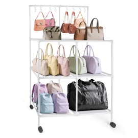 GIASSVIO Floor-Standing 3-Tier Purse Organizer with 8 Purse Hooks, Movable Purse Rack with 6 Wheels, High-Capacity Purse Holder Storage Bag Organizer for Closet, Bedroom, Living Room, White