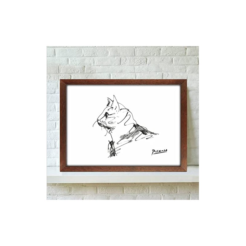 Picasso Cat Drawing Framed Poster aoipro (Wood Grain Frame)