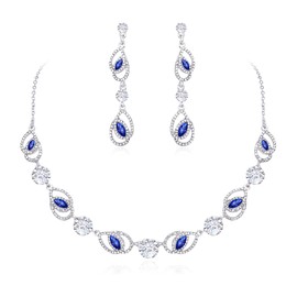 Clearine Elegant Sparkly Rhinestone Crystal Marquise Necklace Earrings Jewellery Set for Women Prom Dress Costume Blue Silver-Tone
