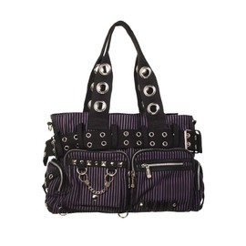 Lost Queen Striped Punk Rock Steampunk Purse with Handcuff Skull Charm (Solid Black)