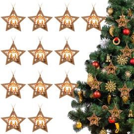 24 Pcs Christmas Nativity Scene Ornament, The Birth of Jesus Decoration Star Shaped Wooden Hanging Ornament Christian Religious Gift for Xmas Tree Decoration