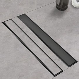 Linear Shower Drain with Tile Insert Panels, 24 Inch Black 304 Stainless Steel Rectangle Shower Floor Drain, with Hair Catcher, Adjustable Feet, Fits Bathroom, Balcony