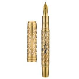 HONG DIAN Hongdian A6 Piston Fountain Pen Fine Soft Nib, Golden Hollow Skeleton & Transparent Resin Pen with Metal Case Set, Bright Gold