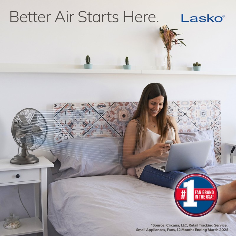 Lasko Oscillating Table Top Fan, Portable, 3 Quiet Speeds, for