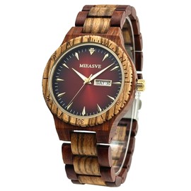 MIEASVE Handmade Wood Watches for Men Red Dial Lightweight Analog Quartz Wooden Watch Adjusted Band
