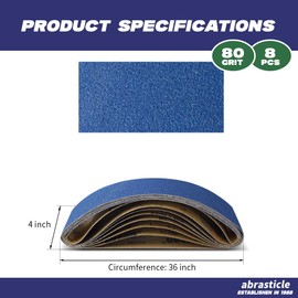 4" x 36" Zirconia Sanding Belts for Metal - 4 x 36 Inch Zirconia Metal Grinding Sand Paper, 8 PCS 80 Grits, Perfect for Knife Blade Sharpening, Metal Polishing, Derusting, Woodworking