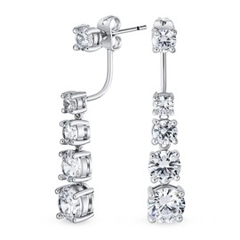 Modern Classic Bridal Graduated Cubic Zirconia CZ Drop Back And Front Stud Jacket Long Linear Earrings For Women Silver Plated Brass