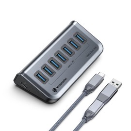 Yottamaster USB Hub 7 Ports, Powered USB Splitter 5V / 3A, Type C to USB 3.2 Gen 1 Expander with USB C to USB A Adapter for Laptop, Printer, Surface Pro, USB Flash Drives, Mobile HDD (1.6ft) 7A-U3-GY