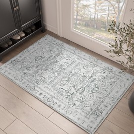 TOPICK Foot Mat 60 x 90 cm Grey Carpet Vintage Door Mat Entrance Mat Foldable Thin Washable Floral Print Rug Non-Slip for Front Door, Entrance, Patio, Hallway