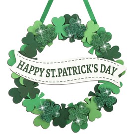 MUNORIAY St. Patricks Day Wreath Decorations, Happy St Patricks Day Shamrock Green Wreath for Front Door, Lucky Irish Blessing Wooden Sign Decor for Home Porch Wall & Door Window Decoration Party