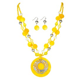 Rosslyons Multilayered Strand Statement Necklaces Set for Women Big Circle Shell Pendant Necklace with Colorful Beaded Chunky Choker Necklace and Earrings. (Yellow)