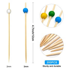 BLUE TOP 200pcs Colorful Wood Pearl Cocktail Picks for Drinks&Food,4.7Inch Fancy Cocktail Toothpicks for Appetizers/Fruit/Cakes/Cheese,Food Picks,Decorative Bamboo picks for July 4th Parties,Bar