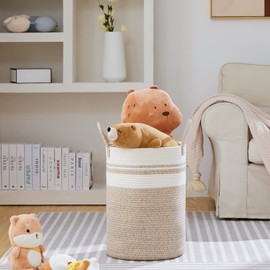 VIPOSCO Large Laundry Hamper, Tall Woven Rope Storage Basket for Blanket, Toys, Dirty Clothes in Living Room, Bathroom, Bedroom - 58L Brown & White