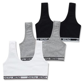 ZGKULAEAOW Kids Half Top Bra, Double Layer Fabric, Tank Top, Junior Bra, Elementary School Students, Set of 3, Inner Sports Bra, Black + White + Grey