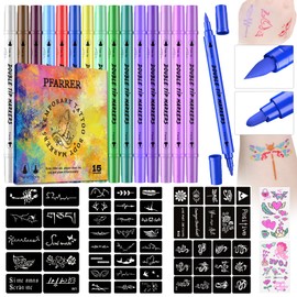 PFARRER Temporäre Tattoo Markers for Skin, Tattoo stifte für die haut 15 Body Markers + 64 Large Tattoo Stencils & 2 sheets Glow Stickers for Kids and Adults, Dual-End Tattoo Pens ZYH2310001KIT
