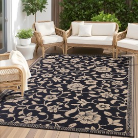 OLANLY Waterproof Outdoor Rug 5x8 ft, Outdoor Plastic Straw Rug with Flower Pattern, Reversible RV Mat for Patio, Camping, Balcony, Deck, Backyard, Black & Beige
