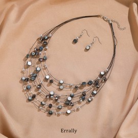 Multi-Layer Boho Shell Beaded Necklace for Women Colorful Crystal Strand with Silver Beads Statement Collars Necklace and Earrings Costumes Jewelry Sets for Women(Black)