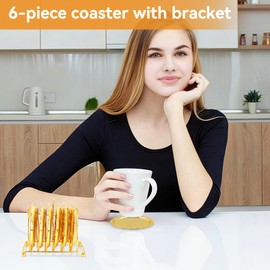 6 Piece Coasters with Holder, 4 Inch Rustic Gold Coaster Set Drink Coasters for Drinks, Round Cup Mats Coffee Table Decor, Kitchen, Living Room, Bar, Office, Patio(Gold)