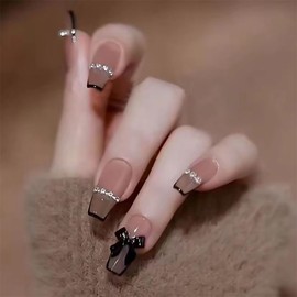 Nail Tips, False Nails, Fashionable, Black, 24 Pieces, Long Nail Tips, Glitter, Fashionable, Mass Production Type, Popular Nail Tips, Fake Nails, Handmade, Fake Nails, Fake Nails, Handmade, Fake Nails, Nail Stickers, Nail Art, DIY Nails, Unique, Adult Charm, Home, DIY Nail Tips with Double-Sided Tape, Easy Installation, For Beginners (Type 7)