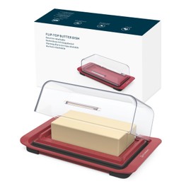 KITCHENDAO Airtight Flip-Top Butter Dish with Lid for Countertop and Refrigerator, Butter Keeper, Plastic Butter Holder Tray for 2 Sticks East Coast/West Coast/European Style/ Kerrygold Butter (Red)