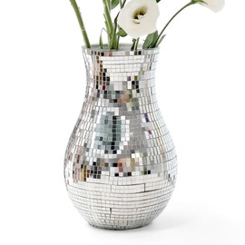 8.7" Disco Ball Flower Vase - Silver Mirrored Mosaic Vase for Centerpieces, Retro 70s Party Decor, Unique Funky Reflective Floral Container for Home, Wedding & Living Room Aesthetics