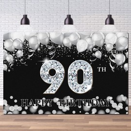 Happy 90th Birthday Backdrop, Ninety Years Old Birthday Decoration Banner, Black Silver Large Backdrop for Women Men 90th Birthday Party, 6x4ft