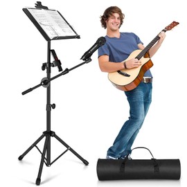 Music Stand, Vangoa Folding Sheet Music Stand with Detachable Microphone Stand & Phone Holder, Portable Lightweight with Music Sheet Clip Holder & Carrying Bag for Instrumental Performance