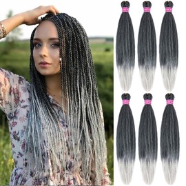 Pre Stretched Braiding Hair Extensions 20 Inch 6 Packs Long Braid Hair Yaki Texture Professional Prestretched Silver Braiding Hair For Women (Black/Silver, 20 inch)