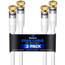 Maximm RG6 COAXIAL Cable - Triple Shielded, Non-Oxygen Copper Cable Wire for TV, Internet & More 1.5ft / White / 2 Pack