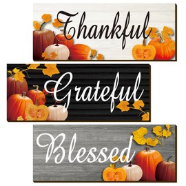 Ferraycle 3 Pcs Fall Pumpkin Wall Decor Farmhouse Thankful Grateful Blessed Wood Wall Sign Rustic Thanksgiving Kitchen Signs Wall Decor Decorative Signs Plaques for Home Decorations(Multicolor)